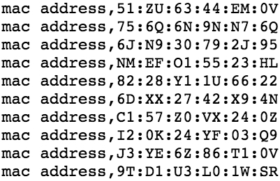 Examples of fake MAC addresses observed by a mobile app. These invalid MAC address contain non-hexadecimal characters. 