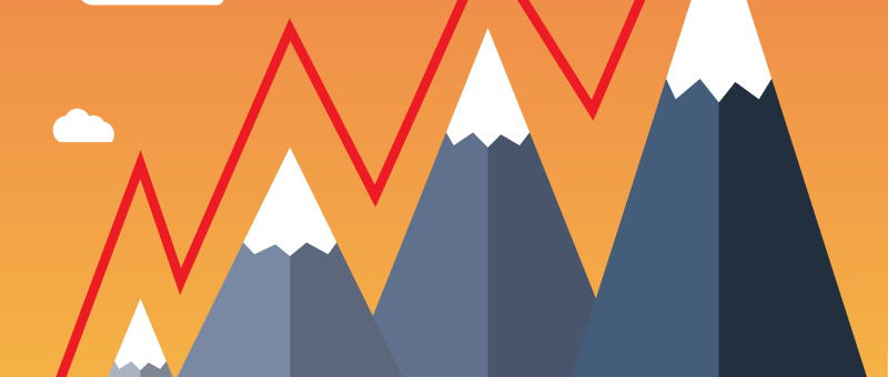 Mountaineering Route. Goal Achievement or Success Concept. Mountains with snow and red flag on the top, sky and clouds on background. Vector illustration in flat style